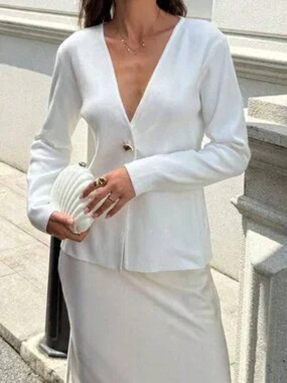 ZARA White Casual Elegant Women's V-Neck Long Sleeve Knitted Cardigan Sweater